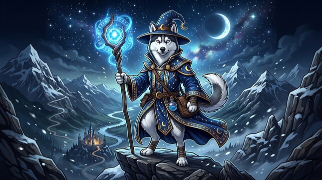 Husky wizard holding a magic staff in a snowy mountain landscape
