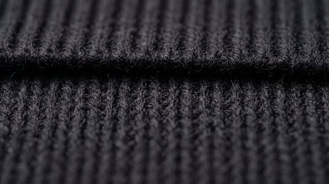 Close up macro shot of dark grey ribbed knit fabric texture with soft focus background
