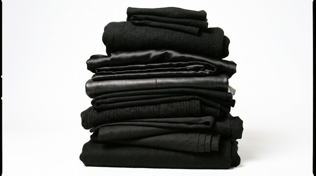 Neatly Stacked Pile of Black Fabric and Clothing Items on a White Background