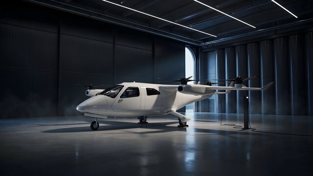 Electric aircraft parked in futuristic hangar - Suitable for future aviation, eVTOL technology, or transport.