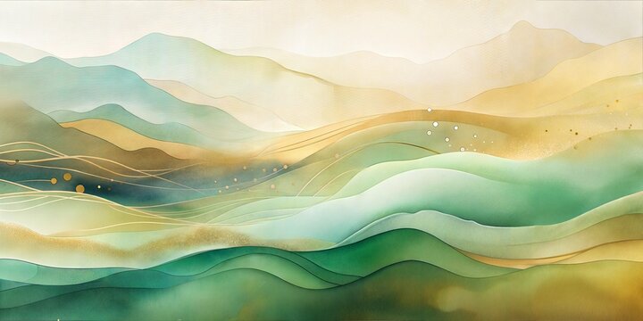 Abstract Serene Pastel Landscape of Rolling Hills and Mountains with Wavy Gold Lines and Scattered Gold Particles