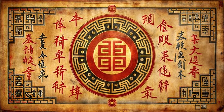 Striking Chinese art scroll with a bold central longevity symbol surrounded by intricate geometric patterns and traditional calligraphic text