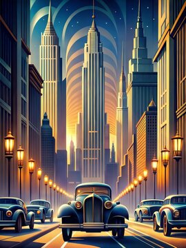 A bustling Art Deco street scene with classic cars driving down a wide avenue, overlooked by towering skyscrapers