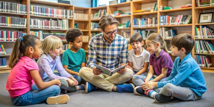 Male teacher attentively reading a story to a diverse group of elementary children sitting on the floor in a school library