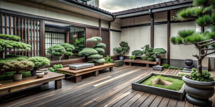 Serene Japanese Dry Garden Courtyard with Sculpted Bonsai, Wooden Deck, and Minimalist Architectural Elements