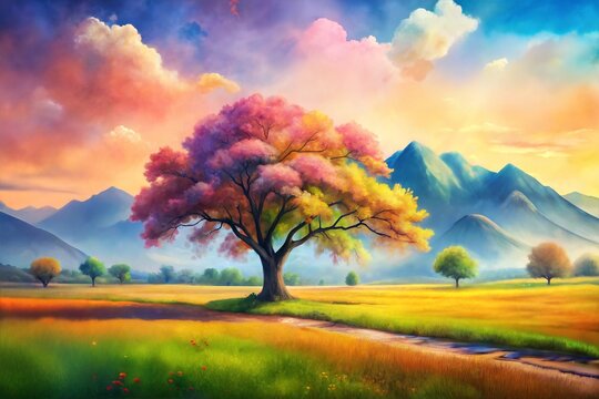 Vibrant impressionistic digital painting of a colourful blossoming tree in a sunlit meadow with distant mountains