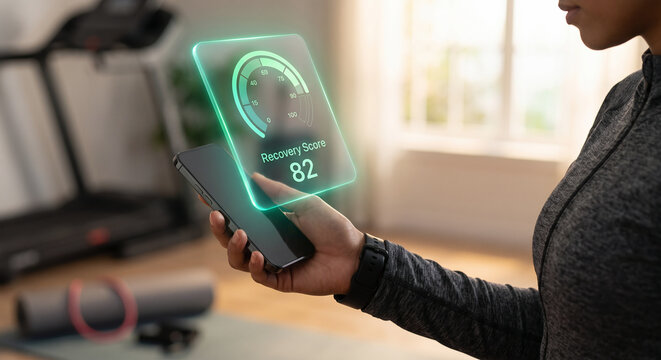 Athletic person hand holding smartphone with holographic wearable AI fitness recovery score interface, digital health coaching concept in home gym