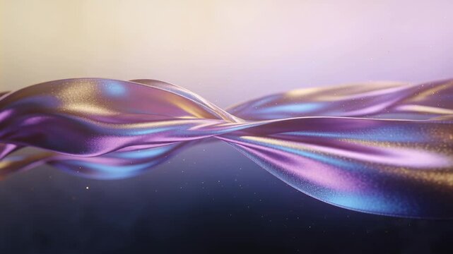 Opening animation initiating undulating iridescent ribbons shifting across CGI backdrop with specks