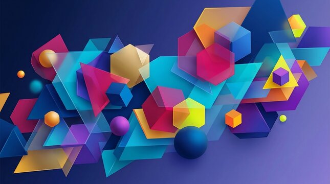 Abstract geometric shapes in vibrant colors with depth and light effects