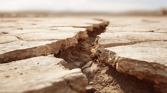 Jagged cracks in dry parched earth revealing deeper layers of arid land, a testament to severe drought and environmental degradation.