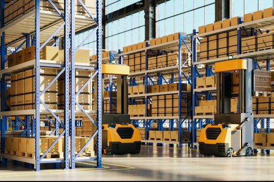 Automated guided vehicles moving cargo in modern high bay warehouse with tall storage racks and cardboard