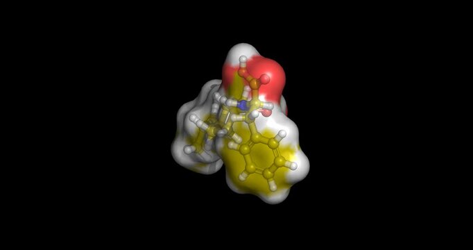 Nateglinide, fast-acting diabetes medication that boosts insulin to manage blood sugar after meals, 3D molecule spinning, 4K