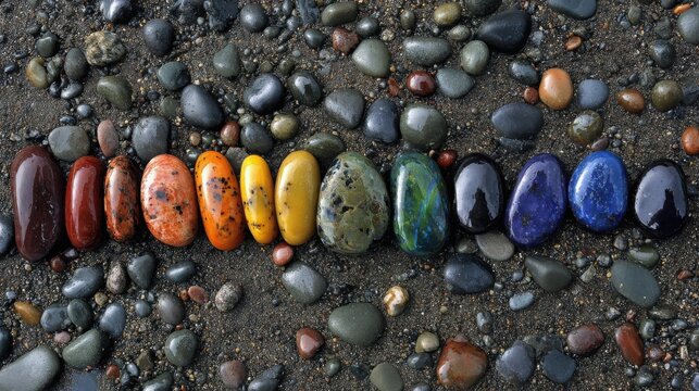 Vibrantly colored polished gemstone pebbles meticulously arranged in a size gradient on a textured earthy surface