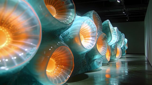 Tracking camera starting left in gallery sliding to reveal turquoise pods with amber light glow