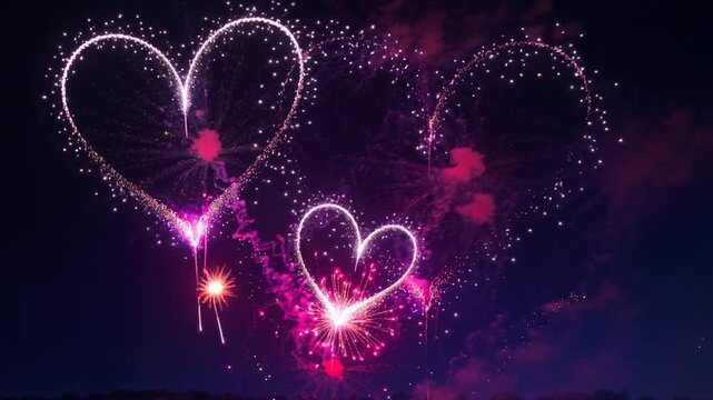 Night sky filled with vibrant heart shaped pink and purple fireworks bursting in celebration
