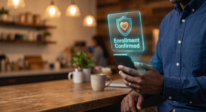 Employee hand holding smartphone with holographic benefits enrollment confirmation interface, digital HR self-service concept in office break room