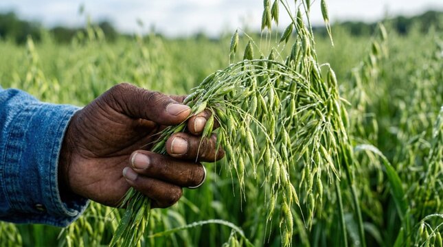 Close-up of a hand holding a cluster of green oat grains in a lush field, showcasing agricultural practices and crop cultivation in a rural setting