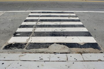 Fototapeta premium Deteriorated crosswalk painting showing urban decay and lack of maintenance creating unsafe conditions for pedestrians