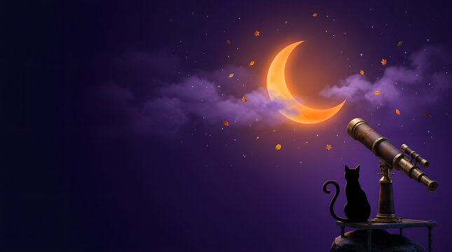 Black cat sitting next to a telescope looking at a crescent moon in a starry night sky