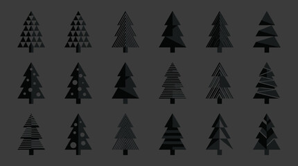 Fototapeta premium Minimalist black silhouette icons of various evergreen pine tree shapes.