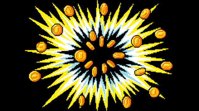 Pixel art explosion with flying gold coins.