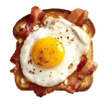 Fried egg with crispy bacon on a slice of toasted bread for breakfastTop View