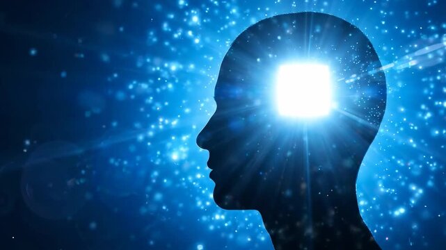 A figure stands in front of a bright square light that shines from its forehead. The background is dark with small particles floating. The contrast highlights the figure's profile