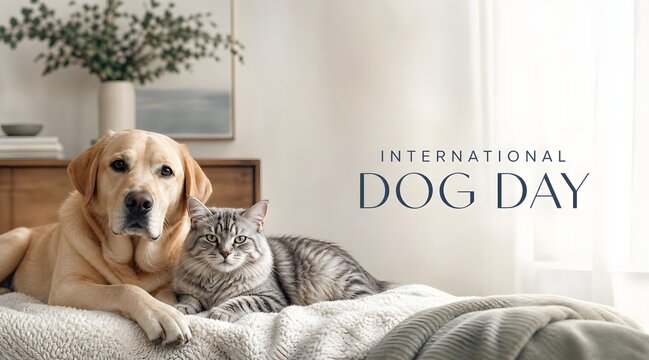 Golden retriever and cat relaxing together for International Dog Day