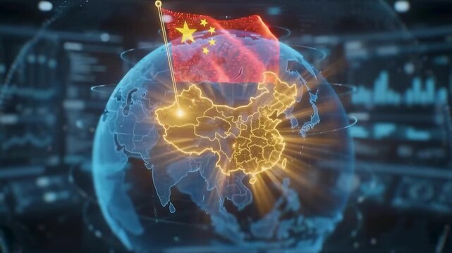 China National Day digital globe showing China on a holographic world map, with glowing network connections for global communication, technology, business, geography, and international connectivity.