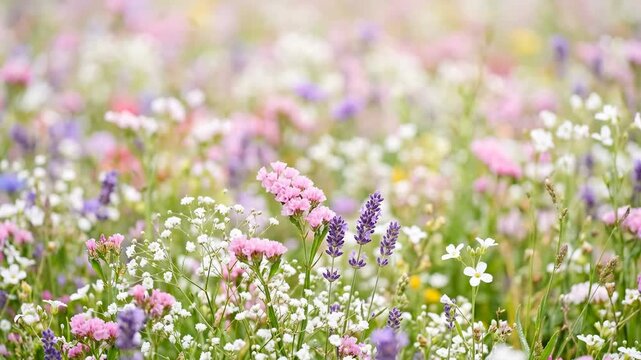 People walk through a large field filled with many different flowers in various colors. The flowers are blooming under bright sunlight. It is springtime and the scene is lively