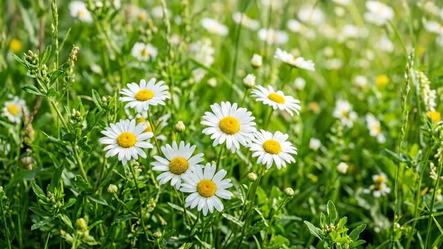 Colorful daisies fill a field under the clear sky in spring. The flowers sway gently with the breeze. The sun shines warmly on the vibrant green grass