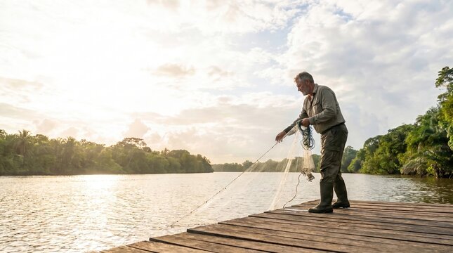 Senior fisherman standing on wooden pier throwing fishing net into river surrounded by tropical trees during sunrise for traditional livelihood lifestyle outdoor concept.