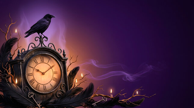 Black crow perched on a vintage gothic clock against a dark purple mystical background