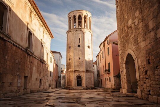 Bell tower standing in historic square surrounded by old stone buildings
