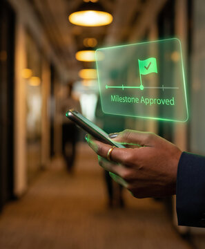 Executive hand holding smartphone with holographic project milestone approval sign-off interface, digital project governance concept in office hallway