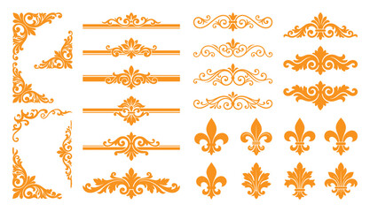 Elegant gold fleur de lis icons and ornate frame dividers collection. © MOSTMONIRA
