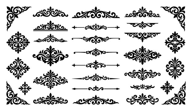 Black decorative scroll elements for classic typography and borders.