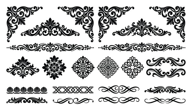 Black floral filigree corners and intricate geometric border elements.
