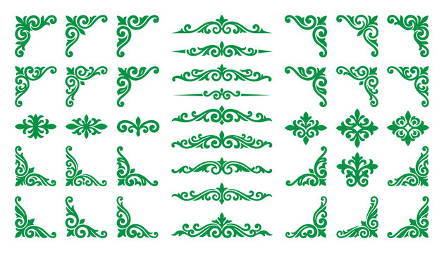 Collection of green filigree corners and symmetrical scroll dividers.