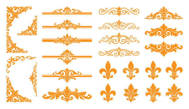 Elegant gold fleur de lis icons and ornate frame dividers collection.