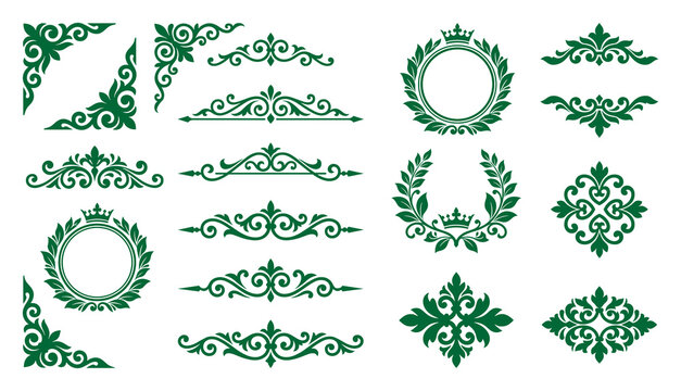 Elegant green scroll flourish ornaments and calligraphic corner frames.