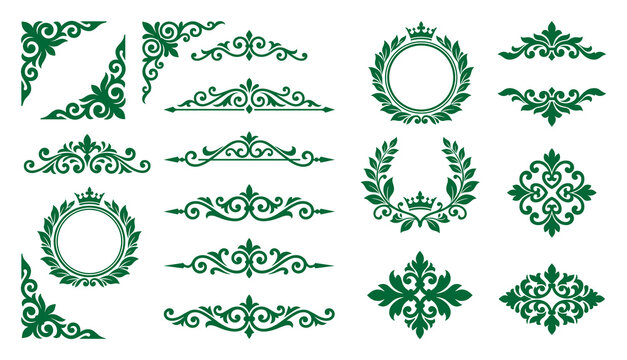 Green decorative wreath frames and ornate royal fleur de lis motifs.