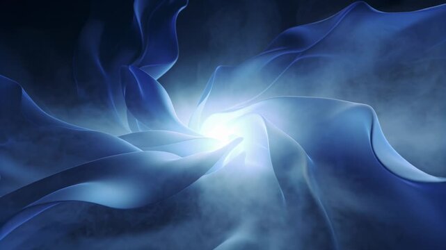 Pulsing core drawing swirling blue ribbon forms tightening spiraling in smoky void with mist