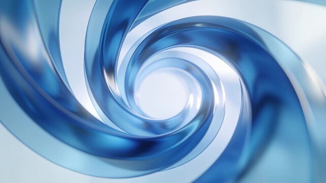 Starting blue ribbon spiral rotating toward central white light on pale backdrop, creating streaks