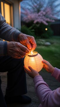 Grandparent lighting paper lantern with grandchild in garden at dusk