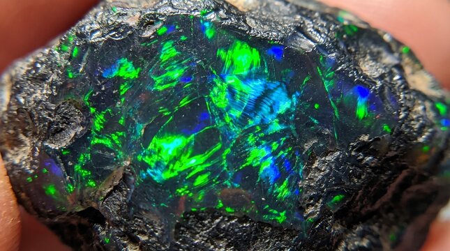 Close up view of a raw black opal gemstone with vibrant green and blue flashes.