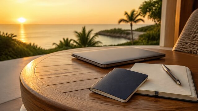 Laptop and notebook on tropical terrace at ocean sunset for workation