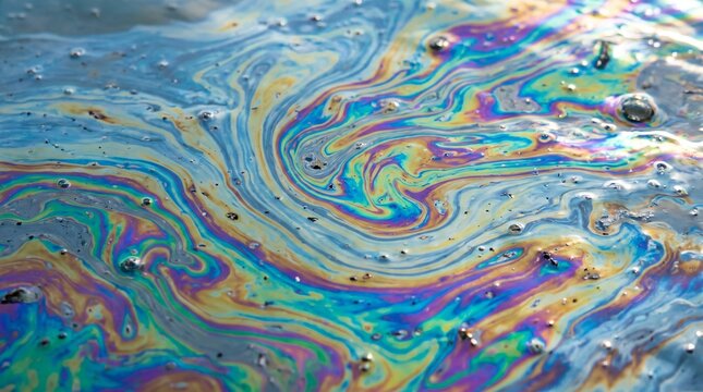 Abstract rainbow iridescent oil slick pattern on water surface.