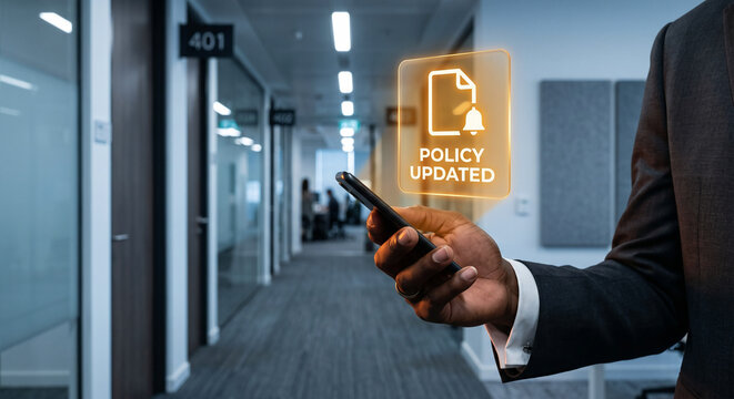 Executive hand holding smartphone with holographic regulatory policy update notification interface, corporate governance alert concept in office hallway