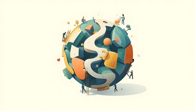 Surreal miniature planet illustration with tiny people and winding paths on a globe.